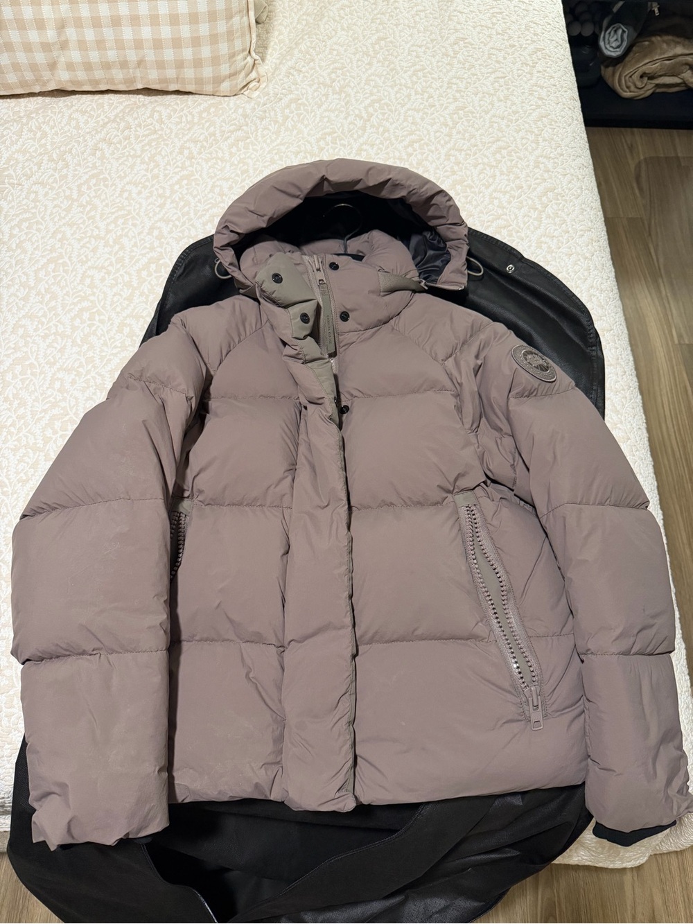 Women's Canada Goose Hooded Puffer Jacket in Taupe Grey